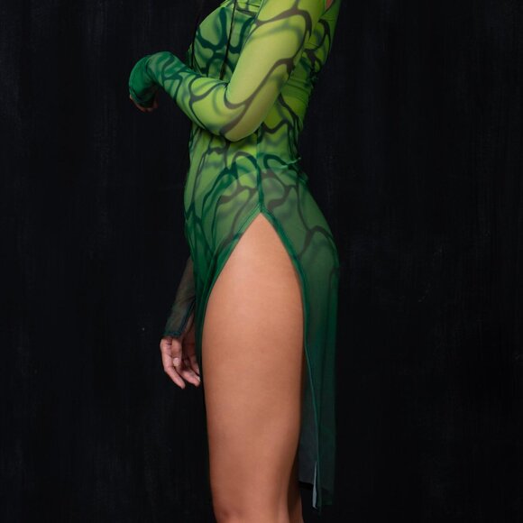 Badinka Acid Rain Green Mesh Hooded Dress Medium - Picture 3 of 8